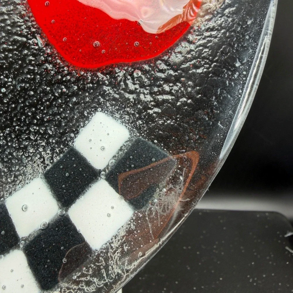 Peggy Karr Fused Glass Platter Black‎ White Checkerboard Apple Serving Tray 11